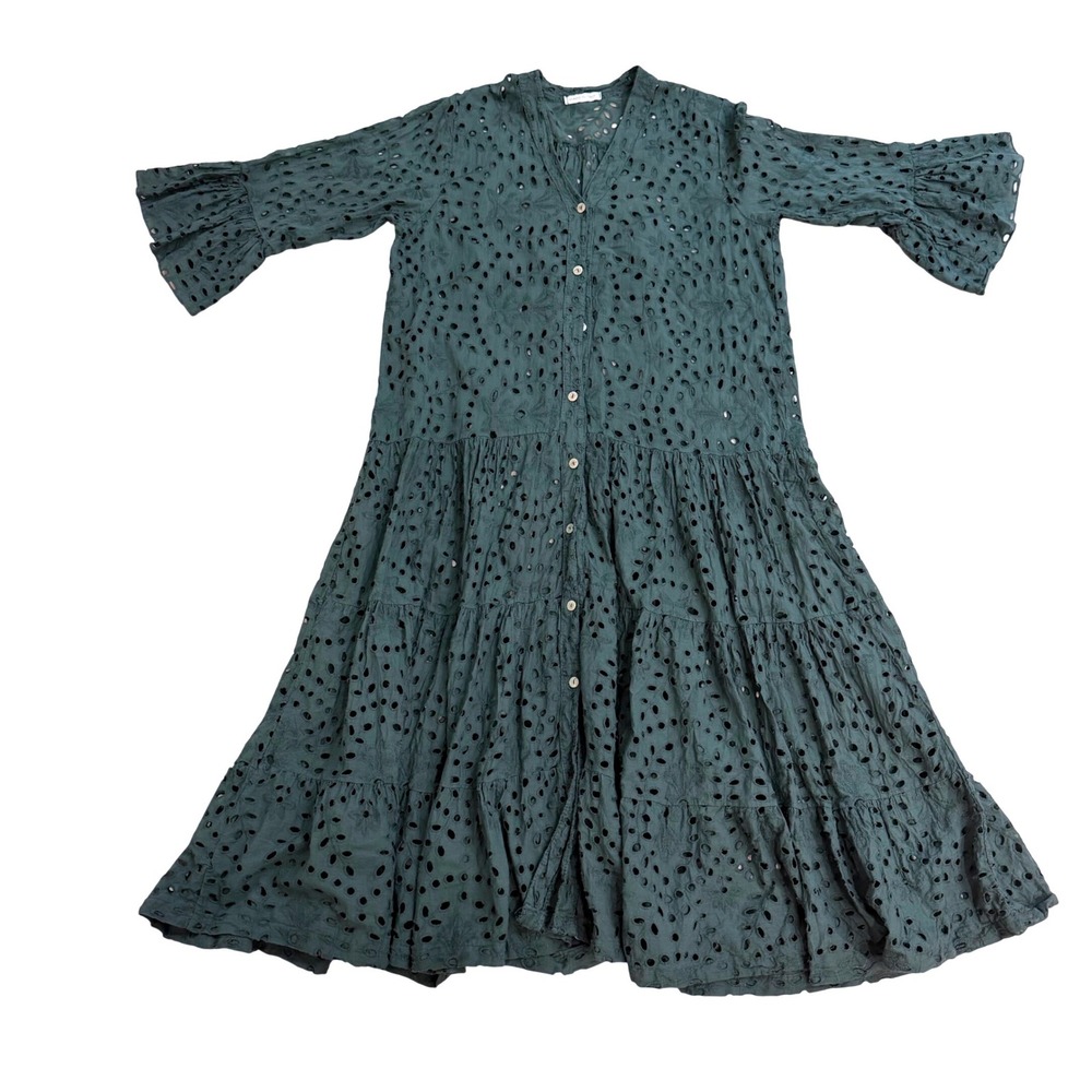 Made in Italy Forest Green Eyelet Lace Tiered Midi Dress Bell Sleeve Boho M